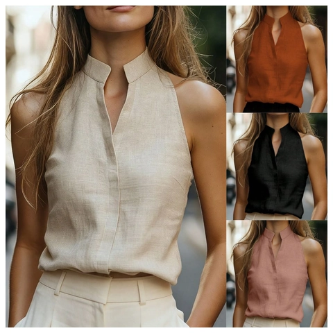 Damen Sommer Ärmellos Stehkragen V-Ausschnitt Bluse Einfarbig Polyester Pendler Top Casual Slim Fit Weste Für Alltag