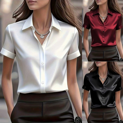 Camicetta da Donna Elegante in Raso a Maniche Corte Slim Fit Scollo a V con Bottoni Camicia Ufficio Casual Top Estivi Tinta Unita