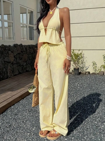 Damen Sommer Lässig Gestreift Zweiteiler Set Neckholder V-Ausschnitt Crop Top Und Weithose Urlaub Strand Ärmellos Outfit