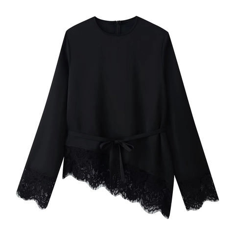 Women Elegant Lace Patchwork Long Sleeve T-Shirt Loose Belted Irregular Hem Round Neck Solid Color Casual Blouse Top