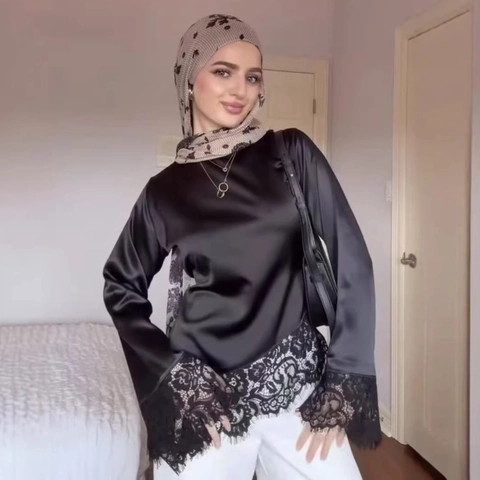 Blusa de Satén con Encaje para Mujer Elegante Patchwork Manga Larga Top Cintura de Lazo Dobladillo Asimétrico Camisa con Cremallera