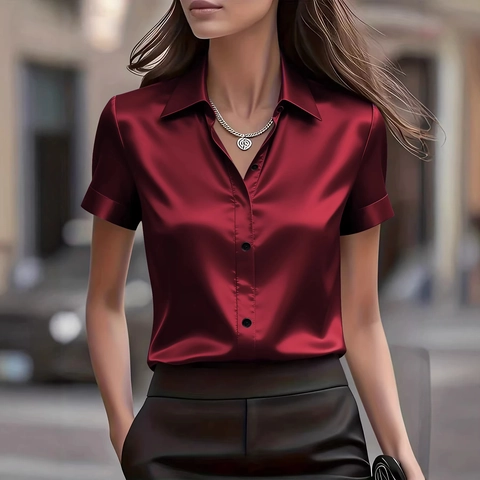 Camicetta da Donna Elegante in Raso a Maniche Corte Slim Fit Scollo a V con Bottoni Camicia Ufficio Casual Top Estivi Tinta Unita