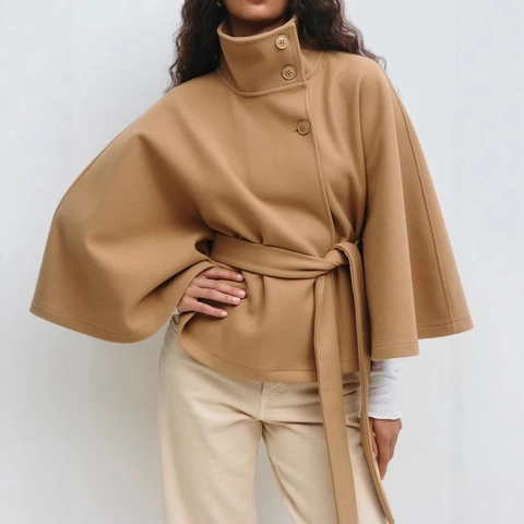 Abrigo de Lana de Capa para Mujer Cuello Alto Botón Gabardina de Moda Color Sólido Chaqueta Cortavientos con Cinturón