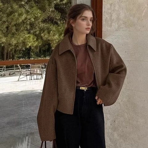 Women Retro Solid Color Lapel Short Jacket Zip Up Drop Shoulder Woolen Feel Long Sleeve Outerwear Casual Loose Top