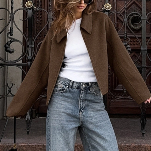 Women Retro Solid Color Lapel Short Jacket Zip Up Drop Shoulder Woolen Feel Long Sleeve Outerwear Casual Loose Top