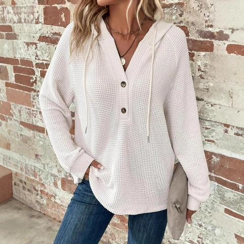 Women Waffle Knit Hoodie V-Neck Henley Long Sleeve Sweatshirt With Drawstring Loose Fit Casual Solid Color Pullover Top