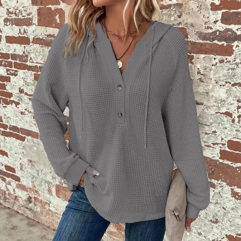 Women Waffle Knit Hoodie V-Neck Henley Long Sleeve Sweatshirt With Drawstring Loose Fit Casual Solid Color Pullover Top