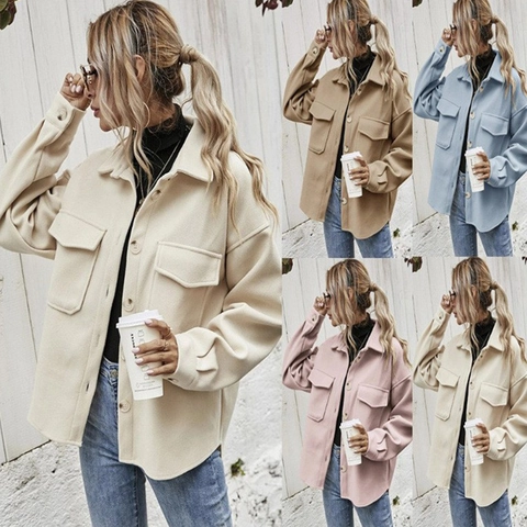 Giacca Oversize da Donna in Lana Shacket Risvolto Monopetto Tinta Unita Manica Lunga Cappotto Con Tasche Sul Petto Capispalla
