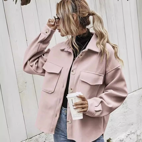 Giacca Oversize da Donna in Lana Shacket Risvolto Monopetto Tinta Unita Manica Lunga Cappotto Con Tasche Sul Petto Capispalla