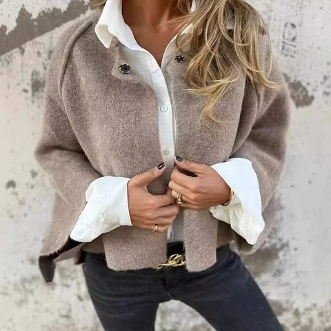 Chaqueta Corta Holgada de Otoño Invierno para Mujer Imitación de Cachemir de Manga Larga Ropa de Abrigo de Punto Color Sólido Casual Estilo Francés