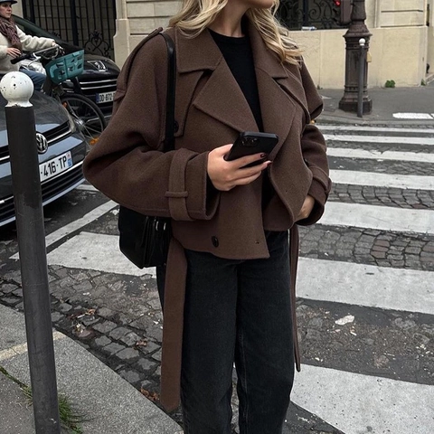 Women Wide Lapel Polyester Alpaca Wool Blend Short Coat Double Breasted Belted Jacket Casual Urban Elegant Outerwear Top