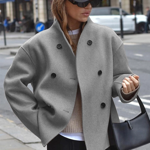Women Double Breasted Woolen Coat Solid Color Stand Collar Long Sleeve Polyester Outwear Casual British Style Top For Winter