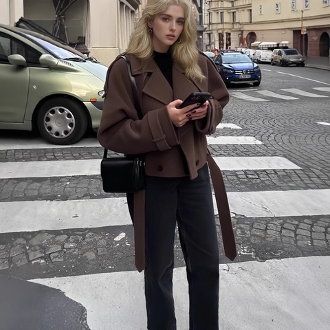 Women Wide Lapel Polyester Alpaca Wool Blend Short Coat Double Breasted Belted Jacket Casual Urban Elegant Outerwear Top