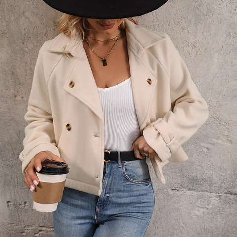 Women Elegant Double Breasted Lapel Fleece Jacket Solid Color Long Sleeve Short Coat For Autumn Winter Casual Outerwear