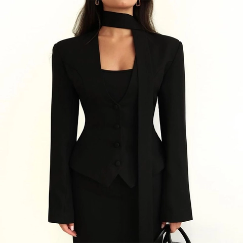 Women Fashion Solid Color V Neck Scarf Collar Long Sleeve Slim Fit Blazer Jacket Casual Single Breasted Formal Suit Top