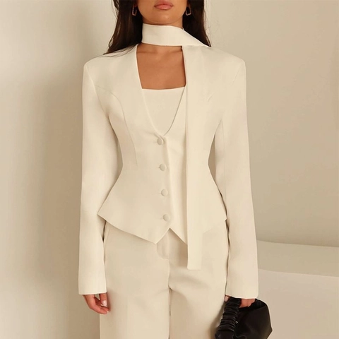 Women V-Neck Long Sleeve Blazer Slim Fit Scarf Neck Top Polyester Button Down Solid Color Fashion Casual Office Jacket