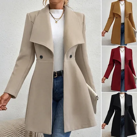 Dames Elegante Wollen Jas met Revers Slim Fit Halflang Double Breasted Bovenkleding Lange Mouw Effen Kleur Winterjas Mode Overjas