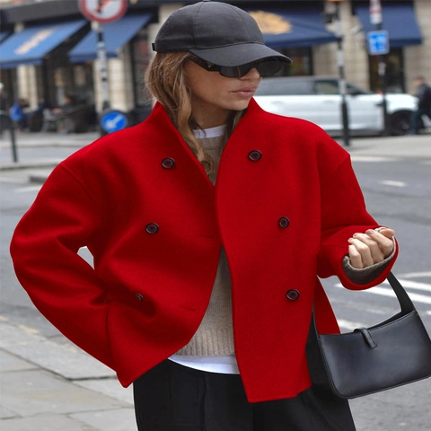 Dames Casual Double Breasted Wollen Jas Effen Kleur Revers Lange Mouw Losse Overjas Oversized Britse Stijl Mode Jack