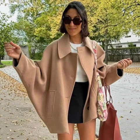 Cappotto di Lana Oversize da Donna Casual Rever Manica Lunga Monopetto Giacca Tinta Unita Larga Mezza Lunghezza Calda