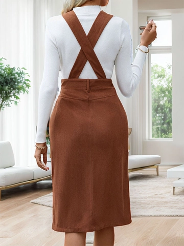 Women Vintage Corduroy Pinafore Dress V Neck Front Slit Sleeveless Mid Length Jumper Dress Solid Color Casual Retro Fall Dress