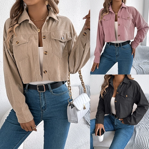 Dames Casual Corduroy Kort Jack Lange Mouw Revers Enkele Rij Knoppen Zak Cropped Jas Herfst Winter Outerwear