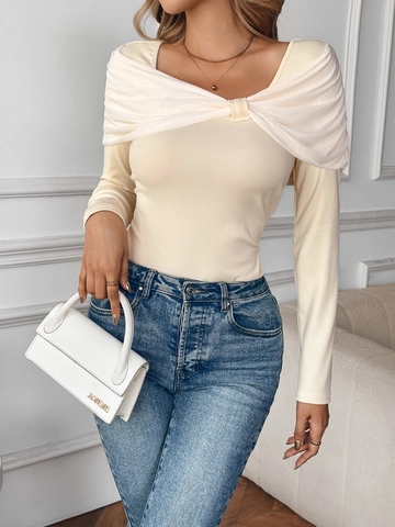 Women's French Elegant Off-Shoulder Long Sleeve T-Shirt Patchwork Pleated Slim Fit Viscose Blend Top Apricot