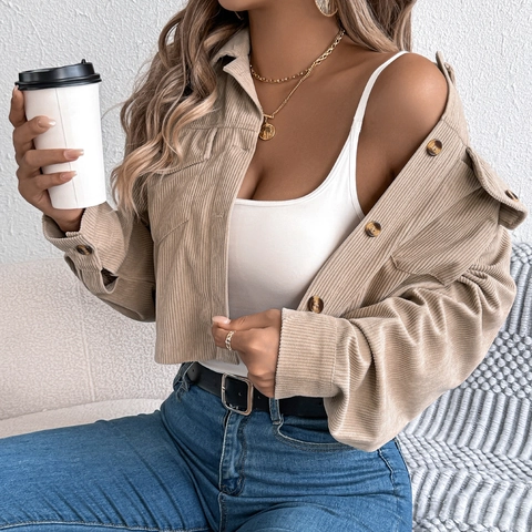 Dames Casual Corduroy Kort Jack Lange Mouw Revers Enkele Rij Knoppen Zak Cropped Jas Herfst Winter Outerwear