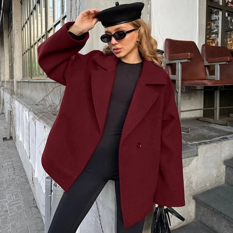 Abrigo de Lana Elegante para Mujer Cuello de Traje Cordones en Cintura Longitud Media Color Sólido Manga Larga