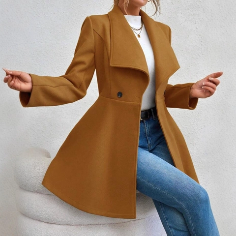 Dames Elegante Wollen Jas met Revers Slim Fit Halflang Double Breasted Bovenkleding Lange Mouw Effen Kleur Winterjas Mode Overjas