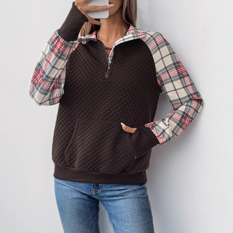 Felpa da Donna Trapuntata Vintage con Maniche Patchwork a Quadri Mezza Zip Collo Alto Pullover Marrone Casual a Maniche Lunghe