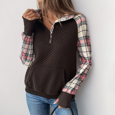 Felpa da Donna Trapuntata Vintage con Maniche Patchwork a Quadri Mezza Zip Collo Alto Pullover Marrone Casual a Maniche Lunghe