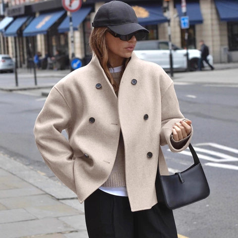 Dames Casual Double Breasted Wollen Jas Effen Kleur Revers Lange Mouw Losse Overjas Oversized Britse Stijl Mode Jack