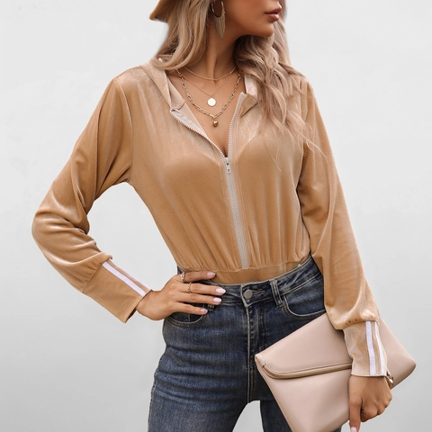 Women's Velvet Bodysuit Long Sleeve Hooded Zipper Jumpsuit Solid Color Khaki Elegant Tight Slim Fit Leotard Athletic Top