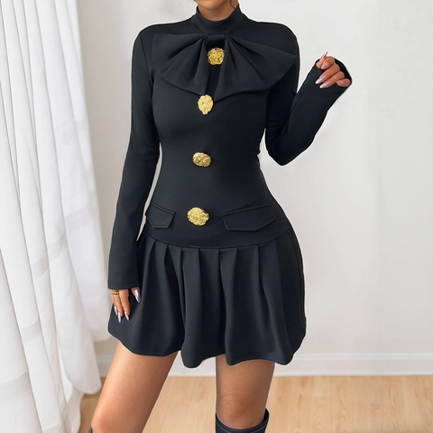 Vestido Mini Plisado de Manga Larga con Cuello de Lazo para Mujer con Botones Dorados Vintage Color Sólido Ajustado Fiesta