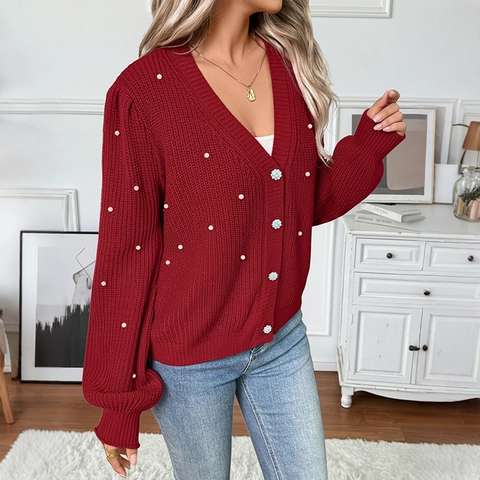Damen V-Ausschnitt Künstliche Perlen Strickjacke Pullover Mit Blumenknöpfen Laternenärmel Rot Urlaub Party Top