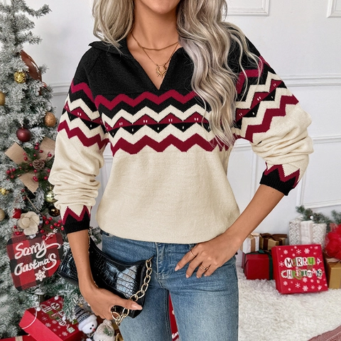 Women Retro Christmas Chevron Knit Sweater Colorblock Polo Collar Long Sleeve Pullover Festive Warm Winter Jumper Top