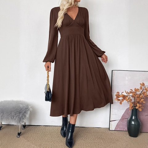 French Style Women V Neck Long Sleeve Midi Dress Solid Brown High Waist Viscose A-Line Dress Autumn Commuting Party Robe