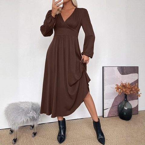 French Style Women V Neck Long Sleeve Midi Dress Solid Brown High Waist Viscose A-Line Dress Autumn Commuting Party Robe