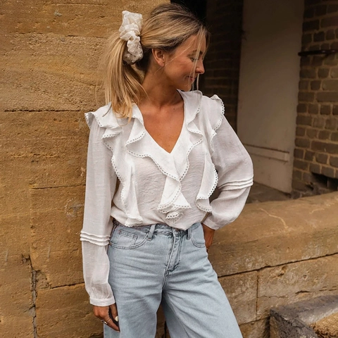 Chemisier à Volants avec Col en V Style Français pour Femmes Élégant Bordure en Dentelle Manches Longues Mélange de Viscose