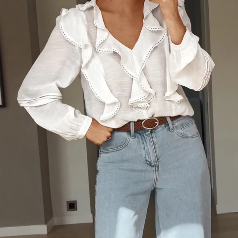 Chemisier à Volants avec Col en V Style Français pour Femmes Élégant Bordure en Dentelle Manches Longues Mélange de Viscose