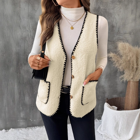 Women Sherpa Vest Contrast Whipstitch V Neck Button Up Sleeveless Jacket Casual Warm Sherpa Waistcoat With Pockets