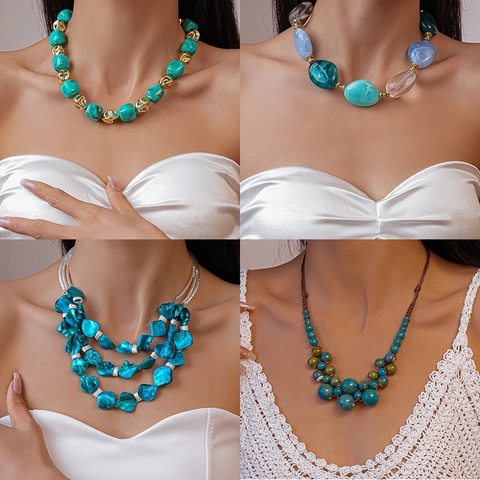 Bohemian Beach Beaded Shell Necklace For Women Alloy Shell Faux Artificial Pearl Resin Layered Choker Vacation Ethnic Jewelry Gift