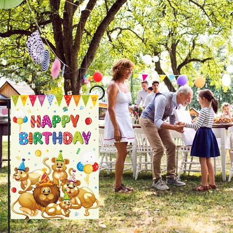 Happy Birthday Garden Flag Cartoon Animals Double Sided Outdoor Yard Decor Decorative Polyester Banner For Birthday Party Celebration Lawn