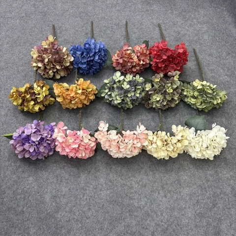 Vintage Oil Painting Style Artificial Hydrangea Satin Cloth Plastic Flower For Wedding Home Decoration Photography Props