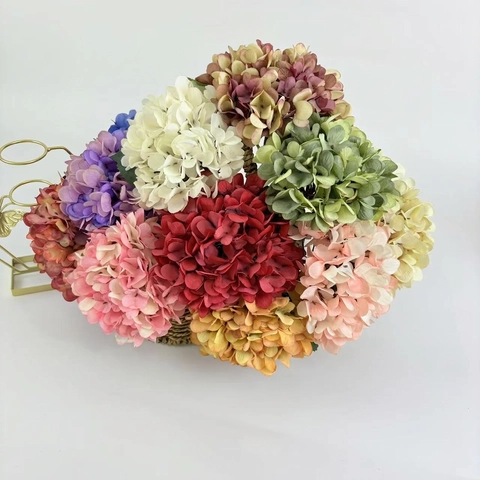 Vintage Oil Painting Style Artificial Hydrangea Satin Cloth Plastic Flower For Wedding Home Decoration Photography Props