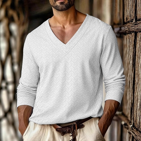 Heren Casual Poloshirt Met Lange Mouwen V-Hals Chevron Textuur Visgraat Gebreide Top Katoenmix Slim Fit