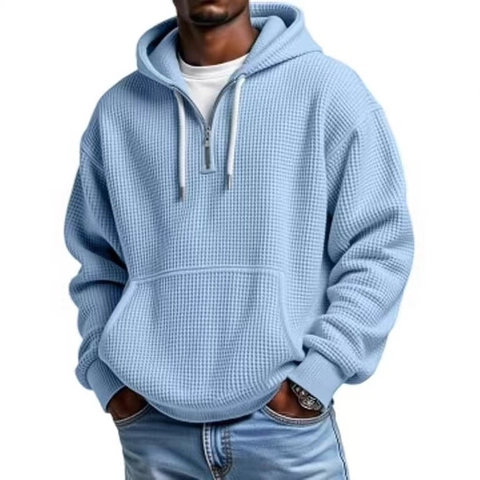 Sweat à Capuche en Tricot Gaufre pour Homme Quart de Zip Décontracté Couleur Unie Manches Longues Poche Kangourou