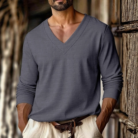 Herren V-Ausschnitt Langarm T-Shirt Jacquard Waffelstruktur Baumwollmischung Lässig Pullover Oberteil Für Herbst Winter Mode