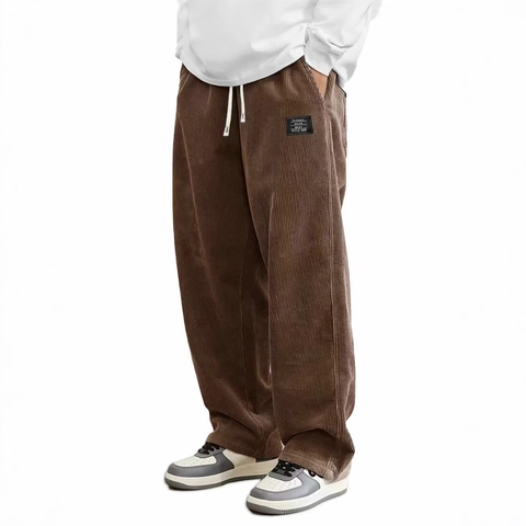 Men's Vintage Corduroy Casual Pants Loose Straight Wide Leg Trousers With Drawstring Elastic Waist Fashion Streetwear