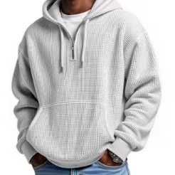 Sweat à Capuche en Tricot Gaufre pour Homme Quart de Zip Décontracté Couleur Unie Manches Longues Poche Kangourou